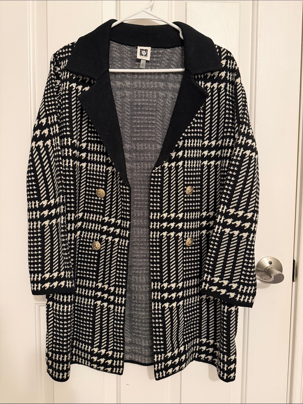 Anne Klein Women’s Black & Cream Houndstooth Long Sweater Coat with Gold Buttons